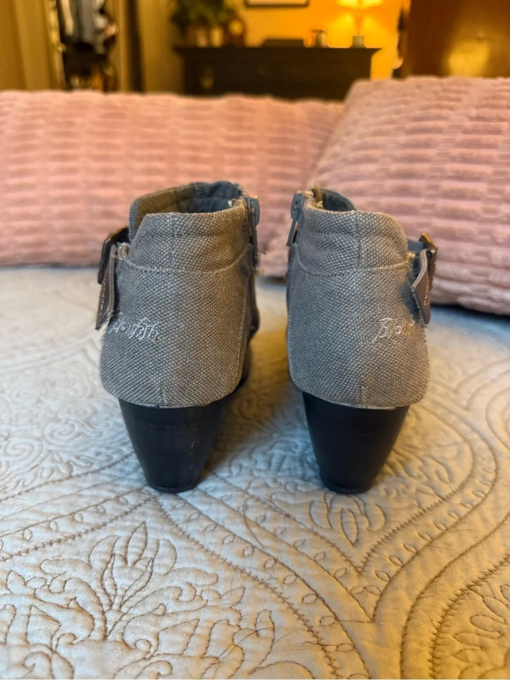 Open-Toe Gray Canvas Wedge Booties with Ankle Strap
